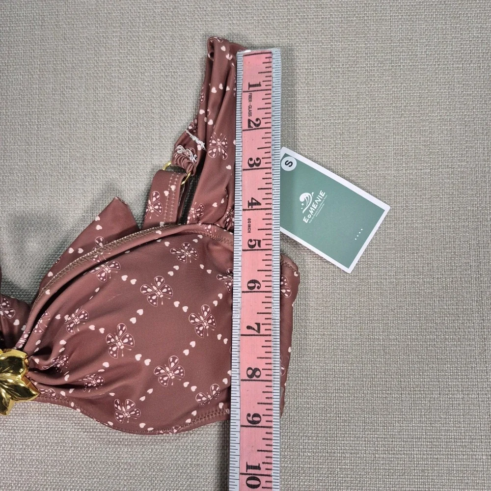 Eomenie Brown Butterfly Print High Waisted Bikini Set Gold Flower Small NWT